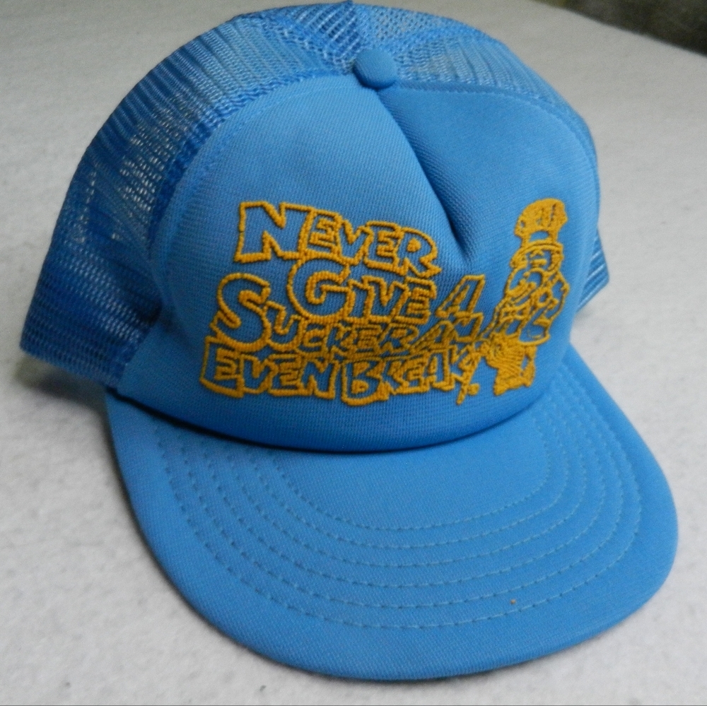 Never Give a Sucker an Even Break Hat Cap Strap Snap Back Blue Trucker Ball Mens